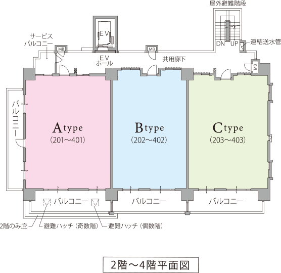 レーヴグランディてだこ浦西駅前　2階～4階平面図